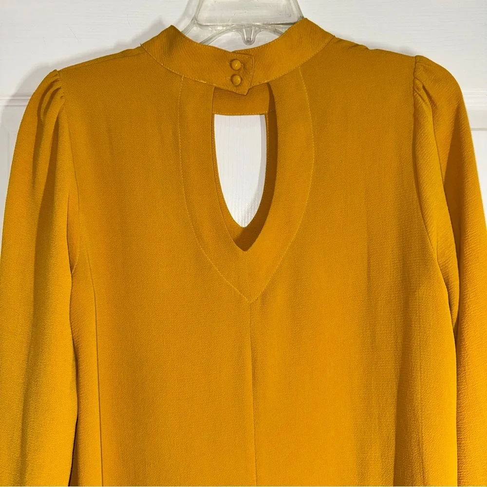 JODIFL Golden Mustard Yellow Double Keyhole Long Sleeve Blouse Wrist Ruffles